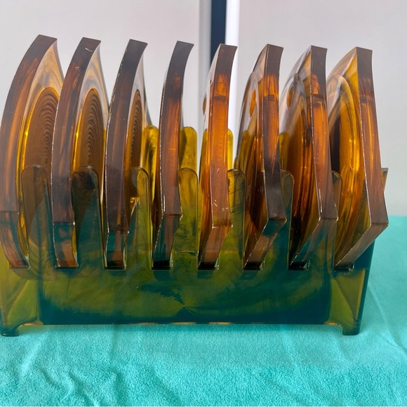 Vintage Amber Smoke Acrylic Yellow Rafia Coaster Set of 8 - Picture 5 of 7